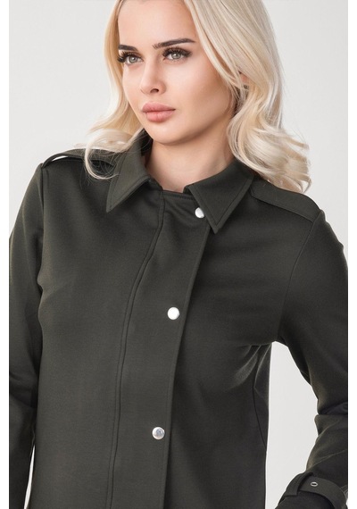 Bold & Young Kadın Viskon Polyester Likralı Kumaş Kol Ucu Toka Bantlı Kuş Gözü Aksesuarlı Çıt Çıtlı Cepli Ceket Haki