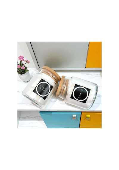 2'li Ahşap Vakumlu Bambu Kapaklı Cam Kavanoz Banyo Seti 300 Ml Makyaj Pamuğu Ve Pamuk Etiketli Çok Renkli