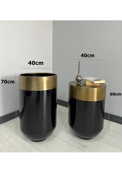 Dekoratif Eskitme Darbuka Parlak Siyah Saksı 70cm + Sehpa 60cm İkili Set