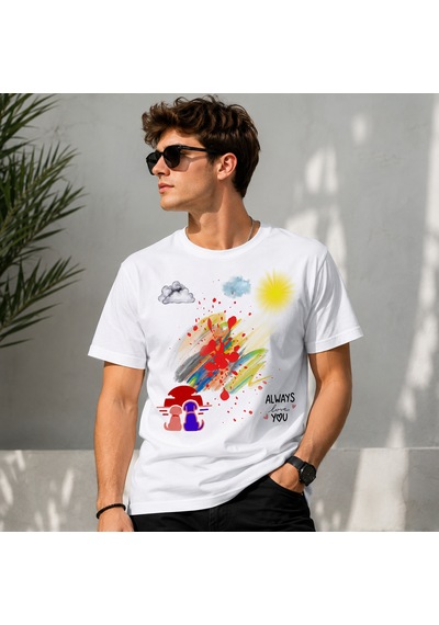 Gün Batımı Manzaralı Özel Tasarım Pamuklu Baskılı T-shirt Beyaz - Siyah