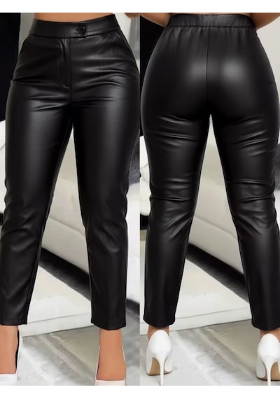 Butik İstanbul Kadın Yüksek Bel Cepli Deri Pantolon Siyah
