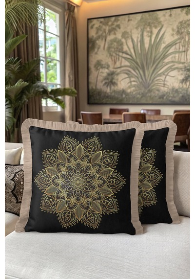Mandala Motifli Saçaklı Yastık Kılıfı - Lüks Bohem Siyah Altın Renkli Püsküllü Kırlent Kılıfı Yosunlu Koyu Gri Mandala Motifli Saçaklı Yastık Kılıfı - Lüks Bohem Siyah Altın Renkli Püsküllü Kırlent Kılıfı Yosunlu Koyu Gri