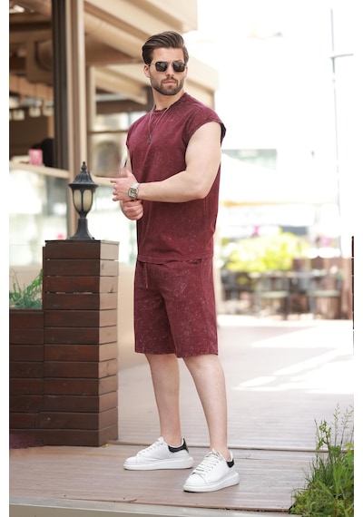 Madmext Bordo Basic Erkek Yırtık Detaylı Şort T-shirt Takım E7319