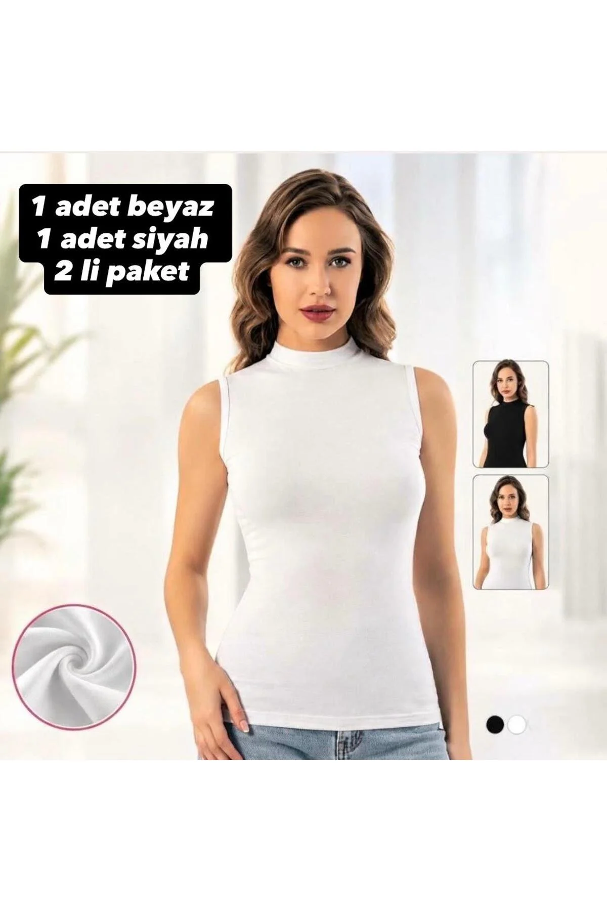 Perafit Kadın 2'li Paket Balıkçı Yaka Kolsuz Pamuklu Likralı Body Seti Siyah Beyaz Esnek Rahat Çıtçıtlı Badi Şık Düz Basic Çok Renkli