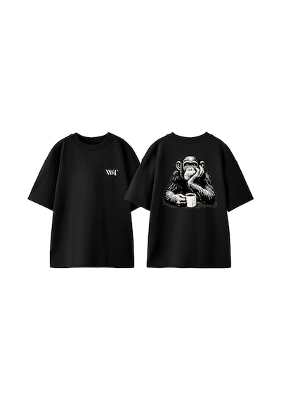 Thewert Monkey Coffee Tasarım Sırt Baskılı Pamuk Siyah Oversize T-shirt