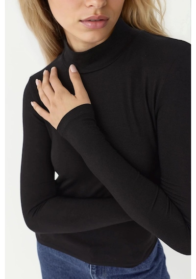 Hiccup Slim Fit Turtleneck Uzun Kollu Yumuşak Viskon Üst Siyah