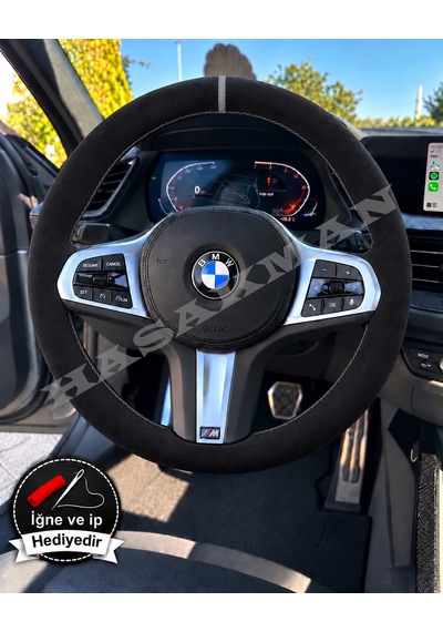 Bmw F30 Dikme Direksiyon Kılıfı Full Alcantara Süet Gri Yüzük Ve Gri Dikiş 2012-2019 Siyah