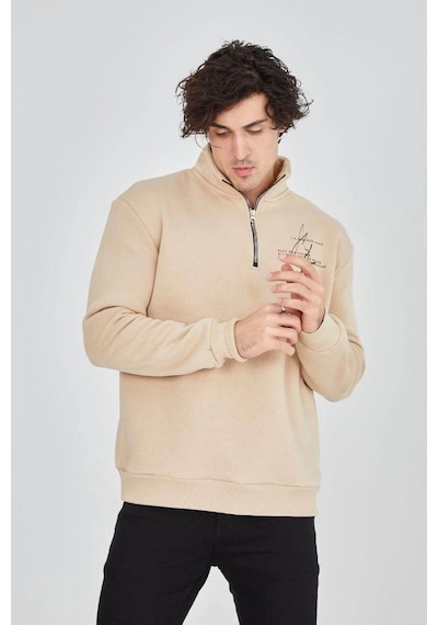 Erkek Yarım Fermuarlı Baskılı 3 İplik Pamuklu Sweatshirt - Bej