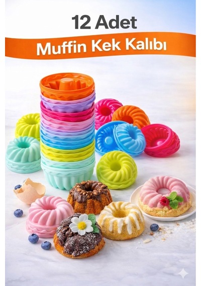 Silikon Mini Kek Kalıbı, Muffin Kalıbı, Tekrar Kullanılabilir, Yapışmaz-12 Adet Çok Renkli - 904904803 Çok Renkli