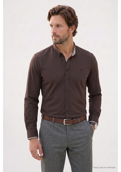 Tudors Regular Fit Rahat Kesim Oxford Doku Uzun Kollu Düğmeli Yaka Pamuklu Koyu Kahve Erkek Gömlek-52915 Tudors Regular Fit Rahat Kesim Oxford Doku Uzun Kollu Düğmeli Yaka Pamuklu Koyu Kahve Erkek Gömlek-52915
