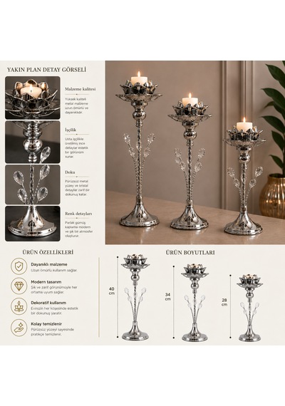 3'lü Gümüş Lotus Mumluk Seti Kristal Taş Detaylı Metal Şamdan Dekoratif Mumluk