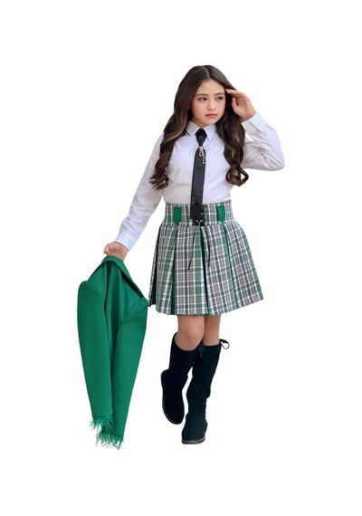 Riccotarz Kız Çocuk Blazer Ceket, Kravat Çizgili Yeşil Etekli Takım Yeşil