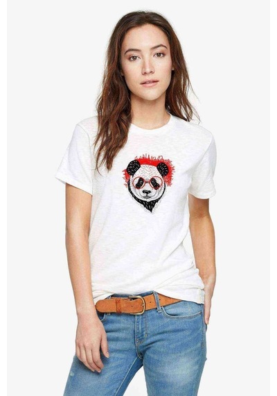 Gözlüklü Panda Baskılı Beyaz Kadın Tshirt (534306515)