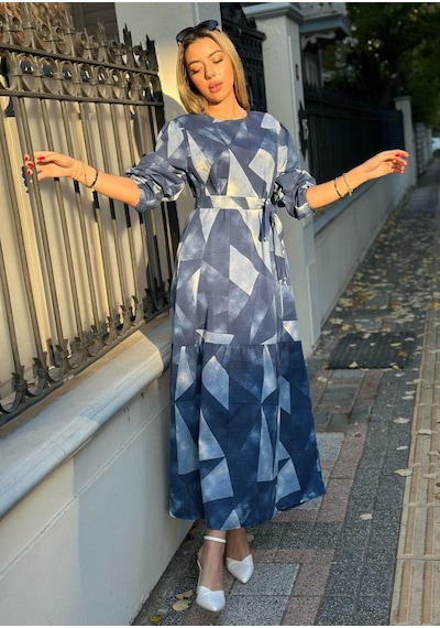 Etiler Collection Kadın Uzun Kollu Bisiklet Yaka Geometrik Desen Baskılı Kuşak Dahil Maxi Boy Elbise S Etiler Collection Kadın Uzun Kollu Bisiklet Yaka Geometrik Desen Baskılı Kuşak Dahil Maxi Boy Elbise S
