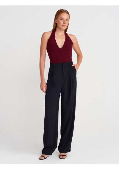 Dilvin 10799 Halter V Yaka Dokulu Triko Bluz-bordo Bordo