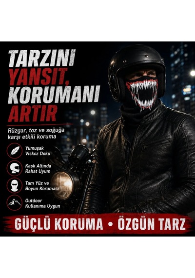Unisex Canavar Diş Baskılı Balaklava 1 Adet Tek Beden Viskoz Kask İçi Motosiklet Maskesi 1 Siyah
