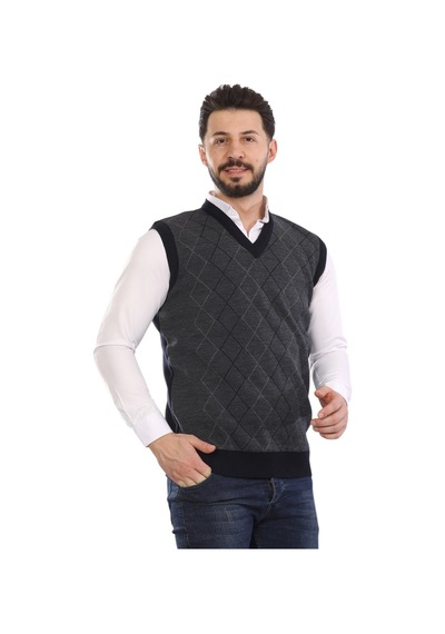 Kzc Tekstil Erkek Baba Ve Orta Yaş Baklava Çizgi Desenli Akrilik Kalın Dokulu V Yaka Triko Süveter Lacivert
