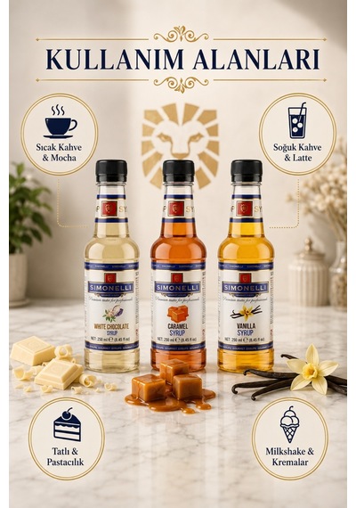Simonelli Kahve ve Kokteyl Şurubu Seti Karamel Beyaz Çikolata ve Vanilya Aromalı İçecek Şurubu  3 x 250 ML