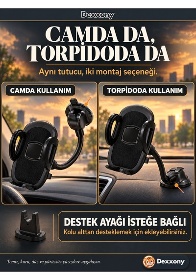 Dexxony A03 Araç İçi Telefon Tutucu Esnek Kollu Vantuzlu Destek Ayaklı Torpido Ve Cam 360 Derece