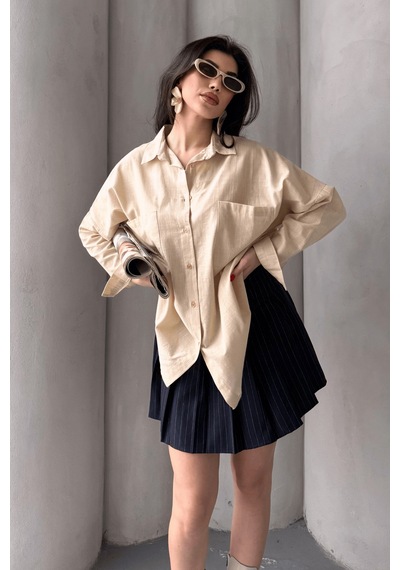 Paw Garage Kadın Harper Çift Cepli Oversize Keten Gömlek, 2025 Summer Collection Taş