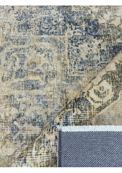 Eskitme Madalyon Desenli Hardal Ve Lacivert Vintage Salon Halısı - 4113ou