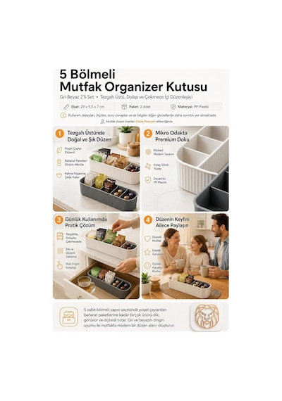 5 Bölmeli Mutfak Organizer Kutusu Gri Beyaz 2li Set Tezgah Üstü Baharatlık Poşet Çay Kahve Kapsülü Düzenleyici Diğer