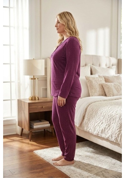 Eyfuze Kadın Büyük Beden Desenli Yakası Düğmeli Uzun Kollu Bambu Pijama Takımı Kırmızı
