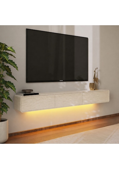 İnarch Dizayn Alba Led Işıklı Duvara Monte Tv Sehpası - 3 Kapaklı Tasarım Traverten