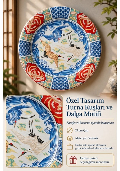 Dekoratif Duvar Tabağı - Turna Kuşları Ve Dalga Motifli - Dekorlu Seramik Tabak