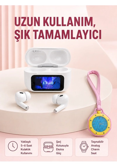 Ekranlı Kablosuz Kulaklık Ve Pembe Çanta Charm Saat Kampanya Seti Beyaz