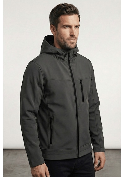 Erkek Mont İçi Polarlı Softshell Mont Su Ve Rüzgar Geçirmez Kapüşonlu Spor Mont Füme