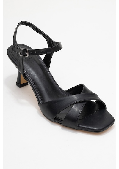 Luvishoes Luvi Shoes Melin Siyah Cilt Çapraz Bantlı Kadın Topuklu Ayakkabı Siyah