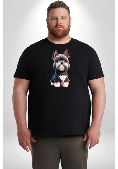 Angemiel Sevimli Beyaz Gri Köpek Siyah Büyük Beden Erkek Kadın Unisex Basic Ön Baskılı Tişört Siyah