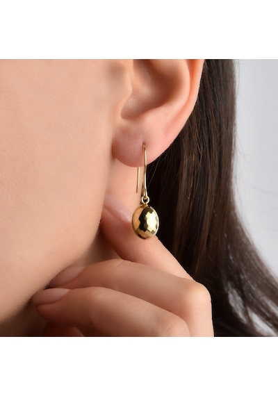 14 Ayar Altın Oval Top Sarkan Damla Gümüş Küpe - E00289 Gold