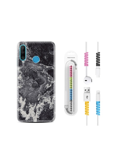 Huawei P30 Lite Kılıf Kablo Koruyuculu Black Marble 4 1383