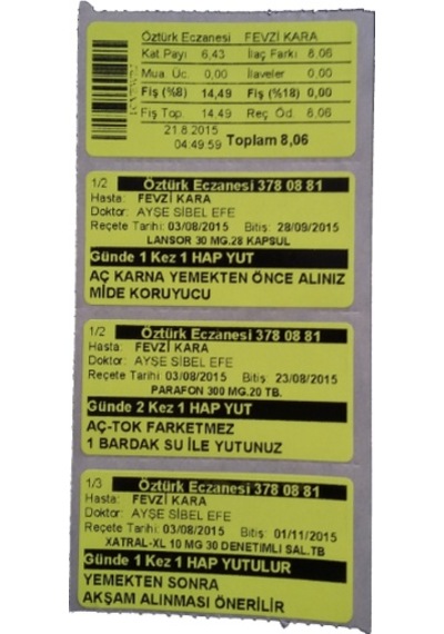 Eczane İlaç Tarif Etiketi Sarı Zemin Eko Termal  40 x 60 MM