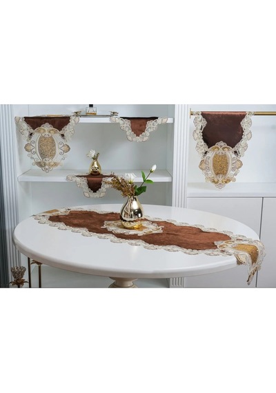 Aydan Aplikeli Güpürlü Kadife Kahverengi Salon Takımı 5 Parça 50 X 140 Cm 1451 Kahve