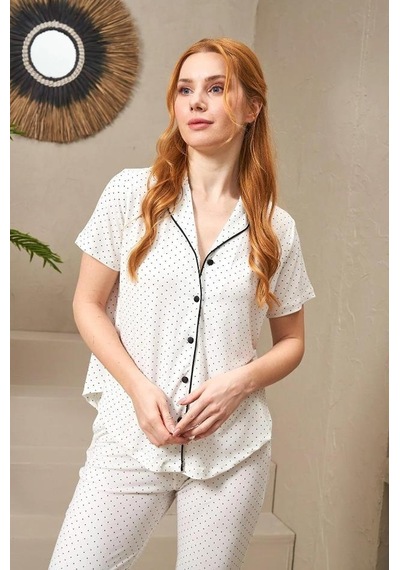 Pjs 25118 Kadın Puanlı Düğmeli Kısa Kollu Pijama Takım 001