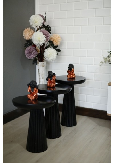 Wood Ahşap 3 Lü Set Siyah Renk Fitilli Mantar Yan Sehpa Modern Fiskos / Çiçeklik / Zigon Sehpa Siyah