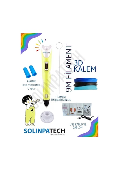 Sarı 3D Kalem 3D Pen 3 Boyutlu Yazıcı Kalem 3 Renk 9 Metre Filament + USB KABLO