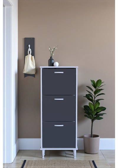 Eliusta Nefes Ayaklı 52 Cm Ayakkabılık Kapı Önü/antre 3 Düşer Kapaklı Antrasit 52x127x26 Cm Ayakkabılık Antrasit