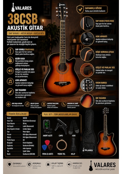 Valares 38c Kesik Kasa Sap Ayarlı Akustik Gitar 38 4/4 Full Aksesuar Hediyeli Sunburst Suhr Burst