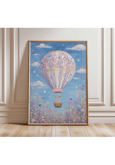 Hayalperest Çiçekli Sıcak Hava Balonu Sanat Baskısı Pastel Kır Evi Tarzı Maksimalist Çocuk Odası Duvar Dekoru