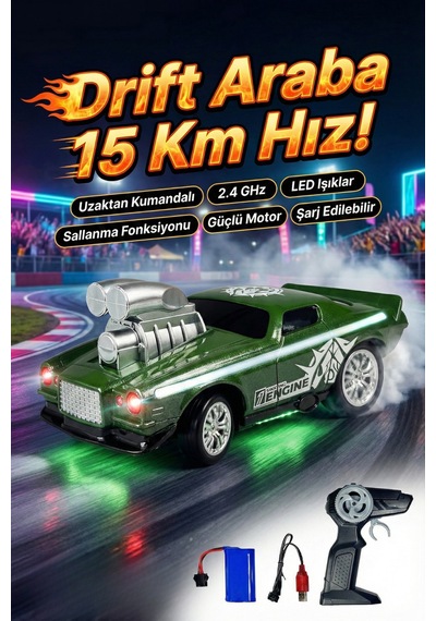 Uzaktan Kumandalı Drift Arabası Rc Araba Işıklı Şarjlı 15 Km/h Hızlı Oyuncak Araba Yeşil