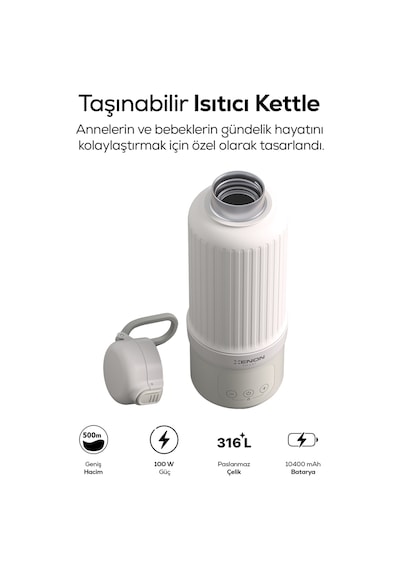 Xenon Smart Taşınabilir Su Isıtıcı Modüler Bataryalı, 500 Ml, Paslanmaz Çelik, Sıcaklık Ayarlı, Mama Ve Süt Isıtıcı X1004