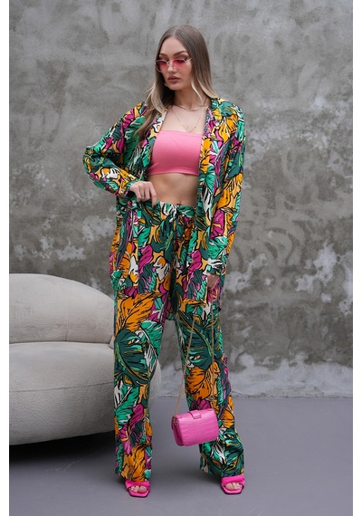 Polologin Butik Tropik Yaprak Desenli Takım Çok Renkli