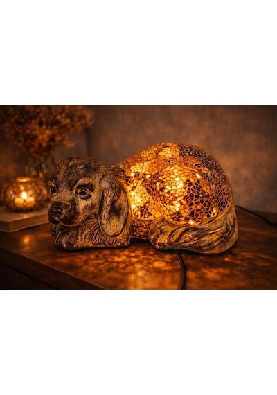 Işıklı Mozaik Köpek Biblo Dekoratif Masa & Konsol Lambası, 25 Cm Çok Renkli