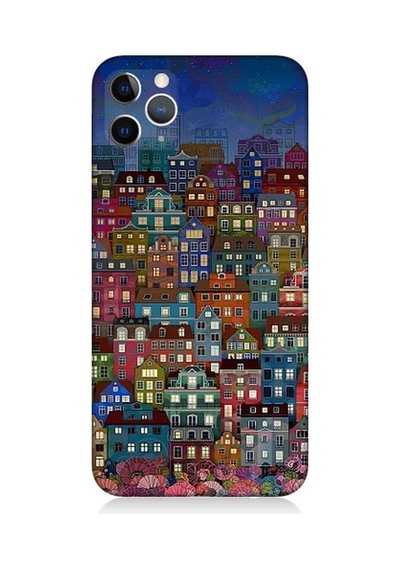Apple Uyumlu iPhone 11 Pro Max Minyatür Evler Ve Gece Desenli Silikon Kılıf