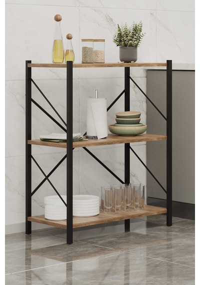 Üç Katli Çok Amaçli Raf Siyah Profil Çam Sunta 60x24x80 Cm Siyah-çam