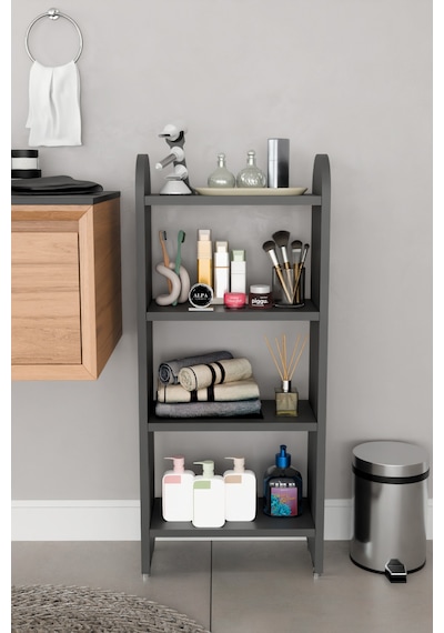 Alpaevmobilya Modern 4 Raflı Oval Kesim Banyo Düzenleyici Raf Metal Ayaklı Çok Amaçlı Raf Banyo Dolabı Açık Dolap Antrasit